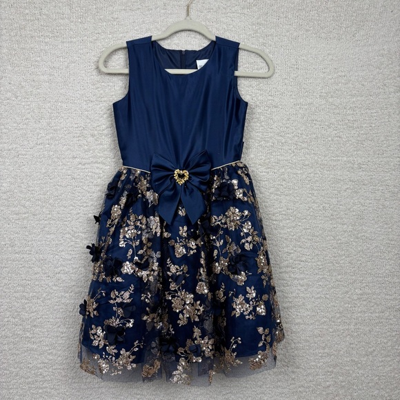 Rare Editions Girls Dress 10 Navy Midnight Floral Magic Gold Sequin Mesh Overlay - Picture 1 of 12